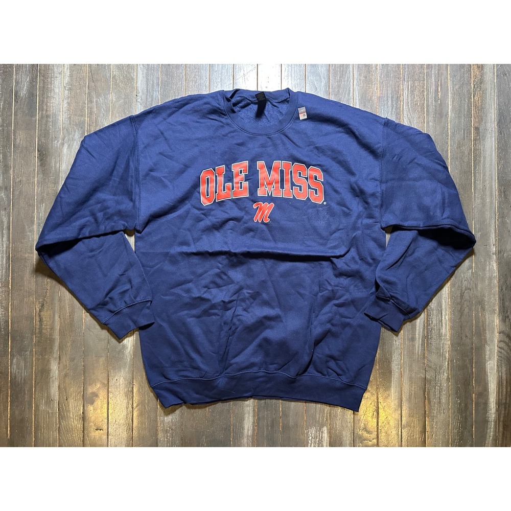 Gildan Ole Miss Rebels Crewneck Sweatshirt Navy Blue Mens Softstyle